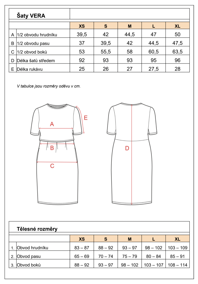 šaty Vera kojící - tabulka velikostí
